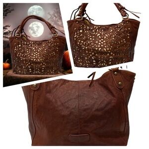 Isabella Fiore Rubbed Leather Laser Cut Floral Hobo Bag Cognac Brown